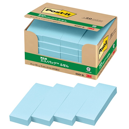3M ポスト・イット エコノパック ふせん 再生紙 75×25mm ブルー 5001-B 1パック(20冊)