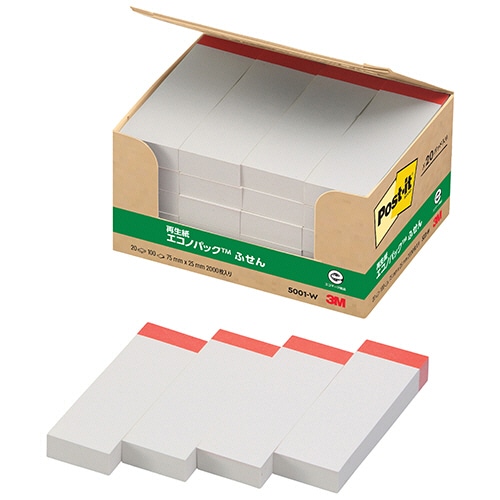 3M ポスト・イット エコノパック ふせん 再生紙 75×25mm ホワイト(赤帯入) 5001-W 1パック(20冊)