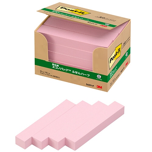 3M ポスト・イット エコノパック ふせんハーフ 再生紙 75×12.5mm ピンク 5601-P 1パック(20冊)
