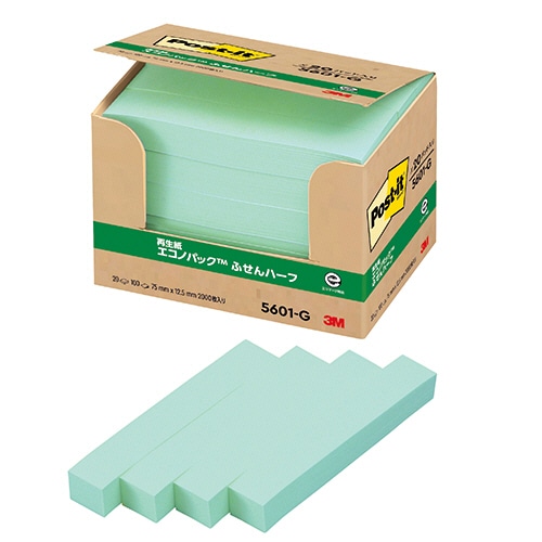3M ポスト・イット エコノパック ふせんハーフ 再生紙 75×12.5mm グリーン 5601-G 1パック(20冊)