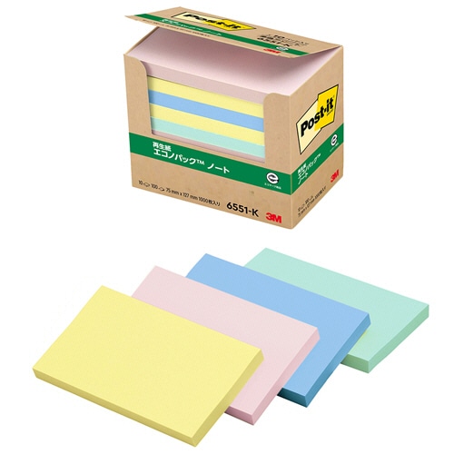 ３Ｍ　ポスト・イット　エコノパック　ノート　再生紙　７５×１２７ｍｍ　混色　６５５１－Ｋ　１パック（１０冊）