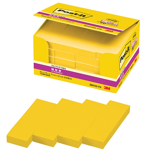 3M ポスト・イット エコノパック 強粘着ふせん 75×25mm ビビットイエロー 5001SS-YN 1パック(20冊)