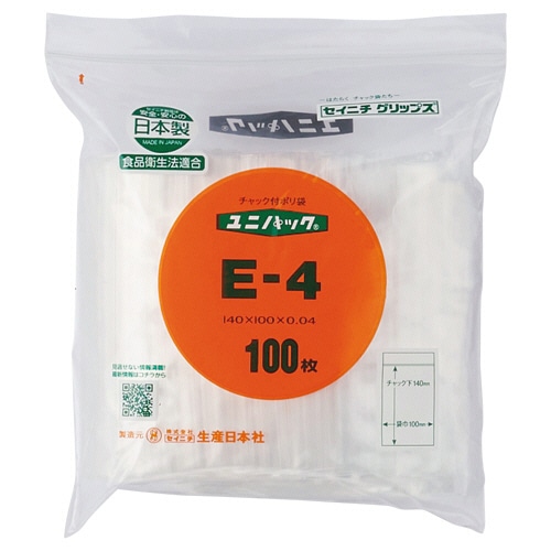 セイニチ ユニパック チャック付 ポリエチレン ヨコ100×タテ140×厚み0.04mm E-4 1パック(100枚)