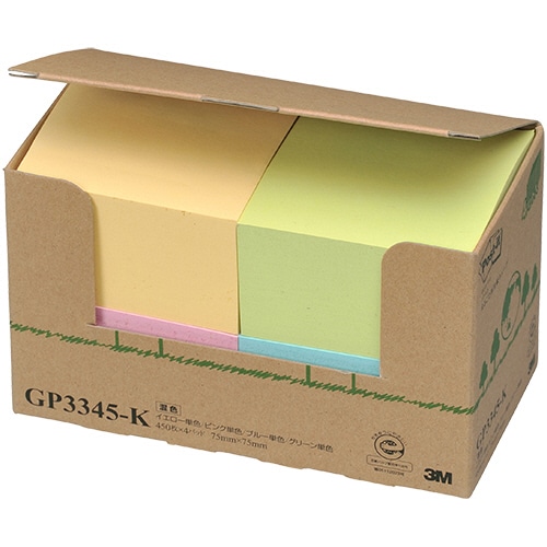 3M ポスト・イット ノート まるごと再生紙キューブ 75×75mm 4色 GP3345-K 1パック(4冊)