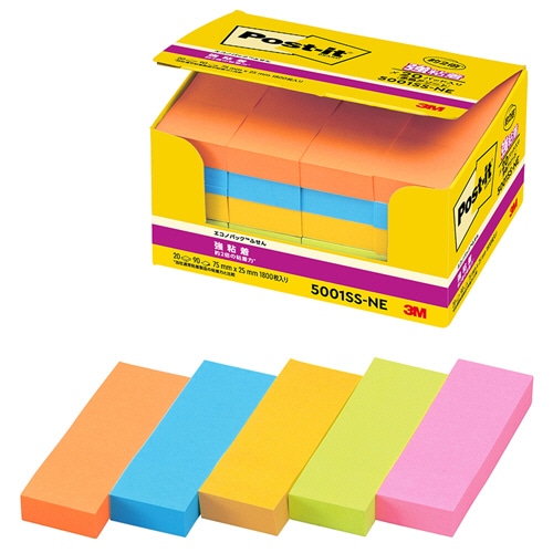 3M ポスト・イット エコノパック 強粘着ふせん 75×25mm ネオンカラー5色 5001SS-NE 1パック(20冊)