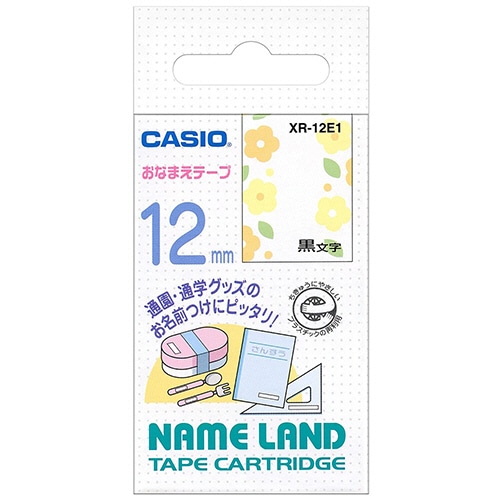 カシオ　ＮＡＭＥ　ＬＡＮＤ　おなまえテープ　１２ｍｍ×４ｍ　花柄／黒文字　ＸＲ－１２Ｅ１　１個