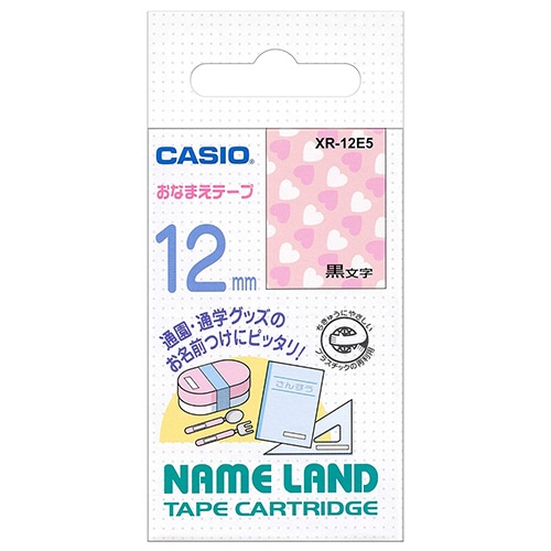 カシオ　ＮＡＭＥ　ＬＡＮＤ　おなまえテープ　１２ｍｍ×４ｍ　ハート柄／黒文字　ＸＲ－１２Ｅ５　１個
