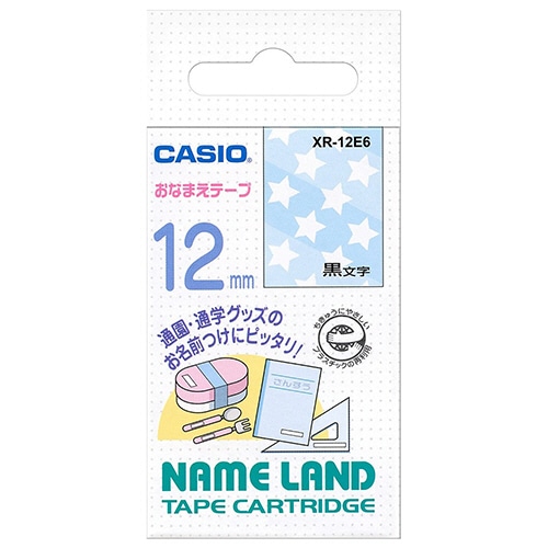 カシオ　ＮＡＭＥ　ＬＡＮＤ　おなまえテープ　１２ｍｍ×４ｍ　星柄／黒文字　ＸＲ－１２Ｅ６　１個