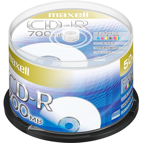 マクセル データ用CD-R 700MB 2-48倍速 ホワイトプリンタブル スピンドルケース CDR700S.PNW.50SP 1パック(50枚)