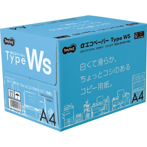 TANOSEE αエコペーパー タイプWS 白くて滑らか、ちょっとコシのあるコピー用紙。 A4 1箱(2500枚:500枚×5冊)