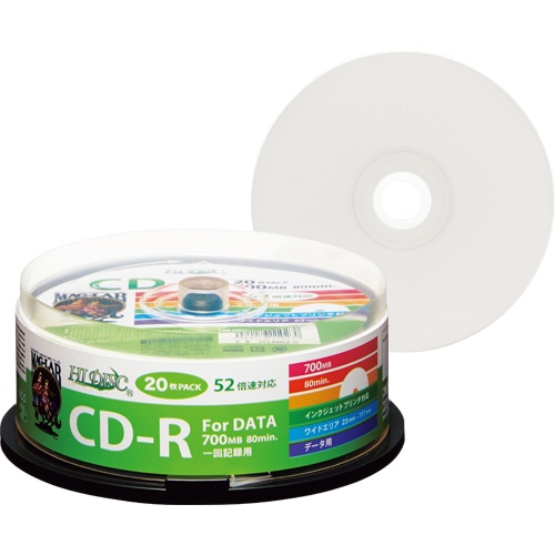 ハイディスク データ用CD-R 700MB 52倍速 ホワイトワイドプリンタブル スピンドルケ-ス HDCR80GP20 1パック(20枚)