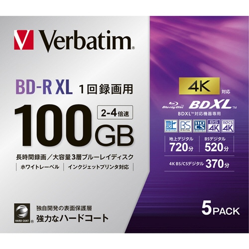 バーベイタム 録画用BD-R XL 520分 2-4倍速 ホワイトワイドプリンタブル 5mmスリムケース VBR520YP5D4 1パック(5枚)