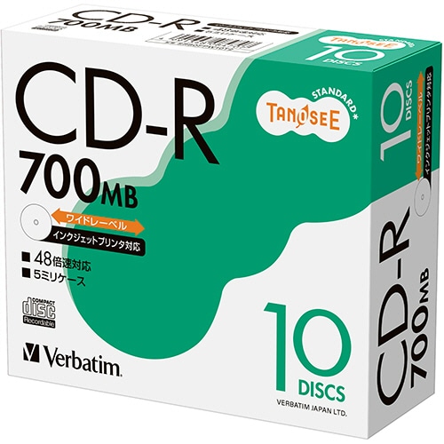 TANOSEE バーベイタム データ用CD-R 700MB 48倍速 ホワイトワイドプリンタブル 5mmスリムケース SR80FPW10T2 1パック(10枚)