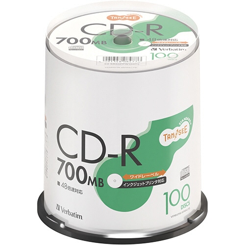 TANOSEE バーベイタム データ用CD-R 700MB 48倍速 ホワイトワイドプリンタブル スピンドルケース SR80FPW100T2 1パック(100枚