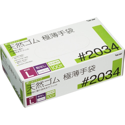 川西工業 天然ゴム極薄手袋 粉なし L #2034 1箱(100枚)