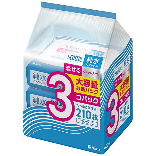 日本製紙クレシア　スコッティ　流せるウェットタオル　純水９９％　ノンアルコール　１セット（２１０枚：７０枚×３パック）