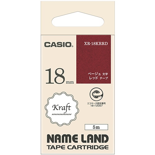 カシオ　ＮＡＭＥ　ＬＡＮＤ　クラフトテープ　１８ｍｍ×５ｍ　レッド／ベージュ文字　ＸＲ－１８ＫＲＲＤ　１個