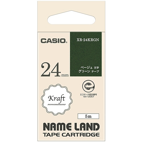 カシオ　ＮＡＭＥ　ＬＡＮＤ　クラフトテープ　２４ｍｍ×５ｍ　グリーン／ベージュ文字　ＸＲ－２４ＫＲＧＮ　１個
