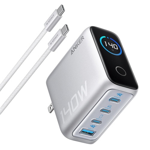 アンカージャパン　急速充電器　ＡＮＫＥＲ　Ｃｈａｒｇｅｒ（１４０Ｗ　４ポート）ｗｉｔｈ　ＵＳＢ－Ｃケーブル　シルバー　Ｂ２６９７Ｎ４１　１個