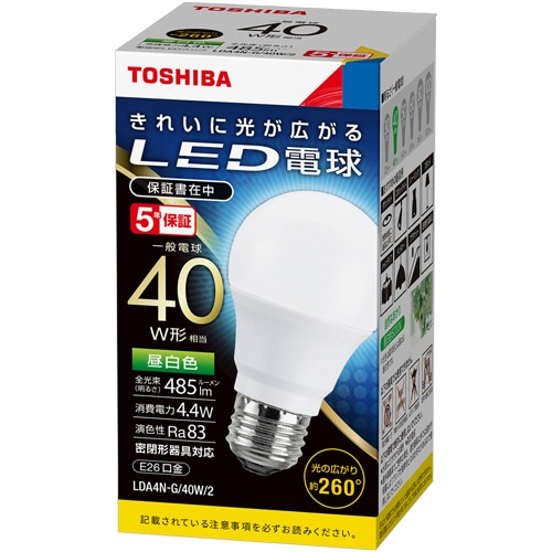 東芝ライテック LED電球 一般電球形 E26口金 4.4W 昼白色 LDA4N-G/40W/2 1個
