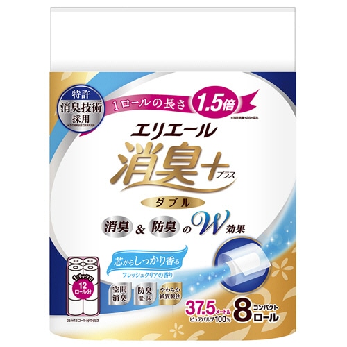大王製紙 エリエール 消臭+ トイレットティシュー コンパクト ダブル 芯あり 37.5m しっかり香るフレッシュクリアの香り 1パック(8ロール)