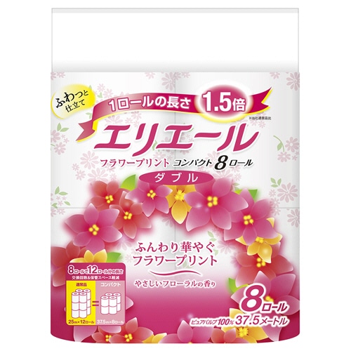 大王製紙 エリエール トイレットティシュー フラワープリント コンパクト ダブル 芯あり 37.5m 香りつき 1パック(8ロール)
