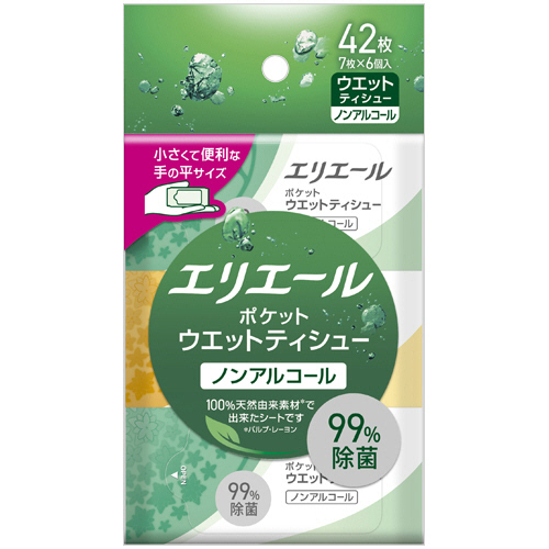 大王製紙　エリエール　ポケットウエットティシュー　除菌ノンアルコールタイプ　１パック（４２枚：７枚×６個）