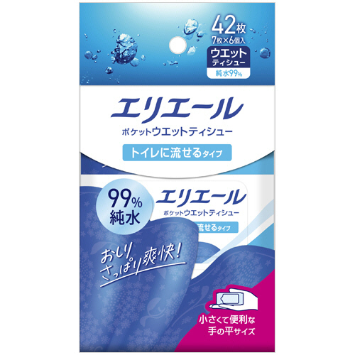 大王製紙　エリエール　ポケットウエットティシュー　トイレに流せるタイプ　１パック（４２枚：７枚×６個）