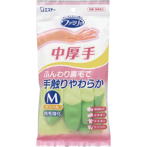 エステー ファミリー ビニール中厚手 指先強化手袋 M グリーン 1双