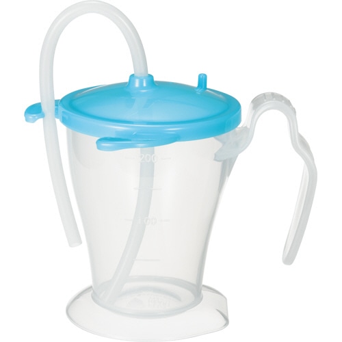 オオサキメディカル プラスハート ベッド柵にも掛けられる ストローカップ ブルー 250mL 1個