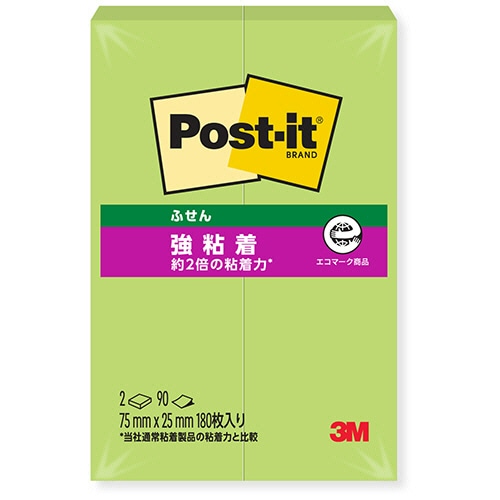 ３Ｍ　ポスト・イット　強粘着ふせん　再生紙　７５×２５ｍｍ　ライトグリーン　５００ＳＳ－ＬＥ　１パック（２冊）