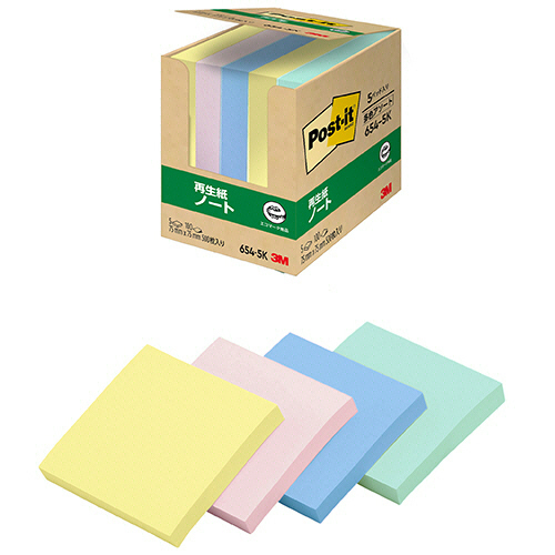 ３Ｍ　ポスト・イット　ノート　再生紙　７５×７５ｍｍ　４色　６５４－５Ｋ　１パック（５冊）