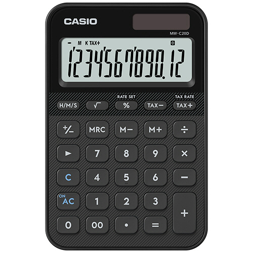 カシオ　カラフル電卓　１２桁　ミニジャストタイプ　ブラック　ＭＷ－Ｃ２０Ｄ－ＢＫ－Ｎ　１台