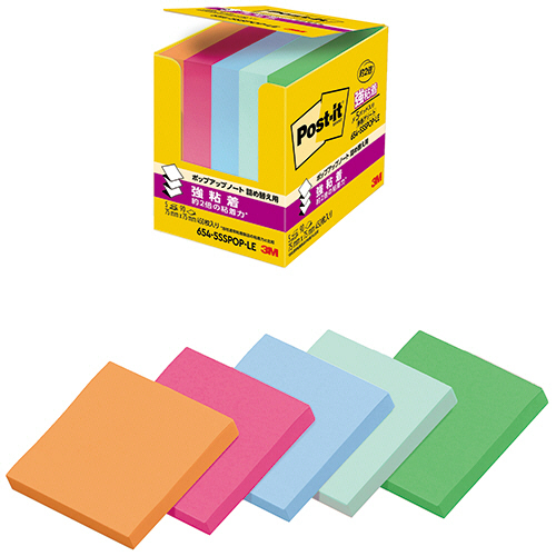 ３Ｍ　ポスト・イット　強粘着ポップアップノート　詰替用　７５×７５ｍｍ　５色　６５４－５ＳＳＰＯＰ－ＬＥ　１パック（５冊）
