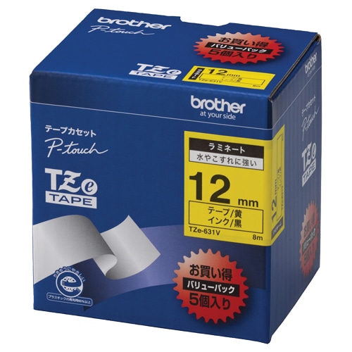 ブラザー ピータッチ TZeテープ ラミネートテープ 12mm 黄/黒文字 業務用パック TZE-631V 1パック(5個)