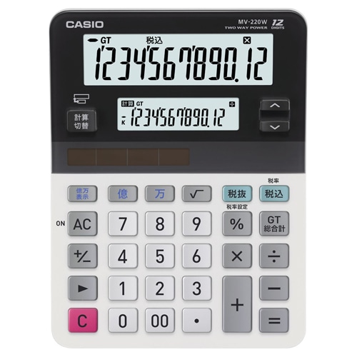 カシオ ツイン液晶電卓 ミエ2くん 12桁+12桁 ミニジャストタイプ MV-220W-N 1台