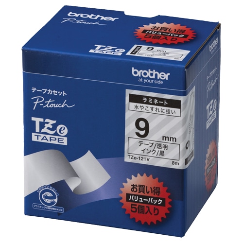 ブラザー ピータッチ TZeテープ ラミネートテープ 9mm 透明/黒文字 業務用パック TZE-121V 1パック(5個)