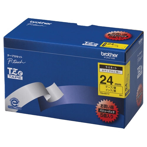 ブラザー ピータッチ TZeテープ ラミネートテープ 24mm 黄/黒文字 業務用パック TZE-651V 1パック(5個)