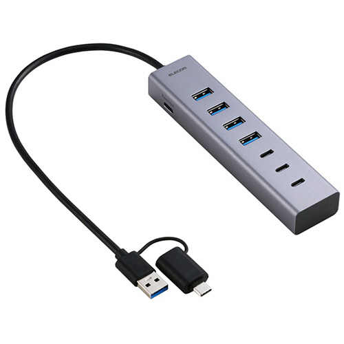 エレコム　ＵＳＢ　Ｔｙｐｅ－Ｃ変換アダプター付き　ＵＳＢハブ（７ポート／ＵＳＢ　５Ｇｂｐｓ）　シルバー　Ｕ３ＨＣ－Ｔ０７０ＳＶ　１個
