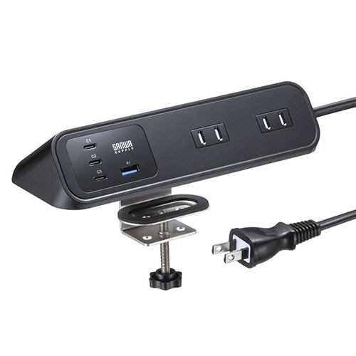 サンワサプライ　クランプ固定式タップ　２Ｐ・４個口＋Ｔｙｐｅ－Ｃ×３／ＵＳＢ－Ａ×１ポート　ブラック（ＲｏＨＳ指令１０準拠）　ＴＡＰ－Ｂ１１４ＵＣ－２ＢＫ　１個