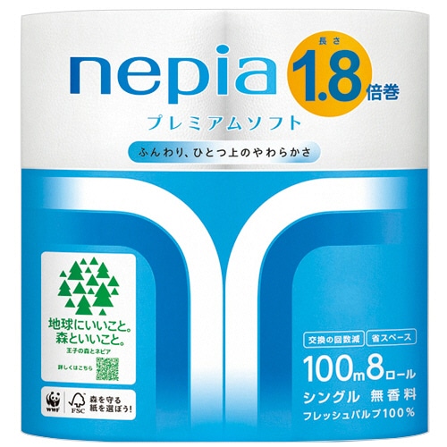 王子ネピア　ネピア　プレミアムソフト　トイレット　１．８倍巻　シングル　芯あり　１００ｍ　１パック（８ロール）