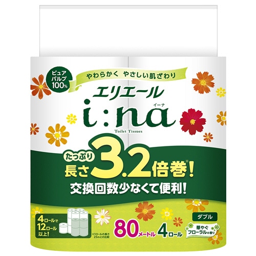 大王製紙 エリエール i:na(イーナ)トイレットティシュー 3.2倍巻 ダブル 芯あり 80m 1パック(4ロール)
