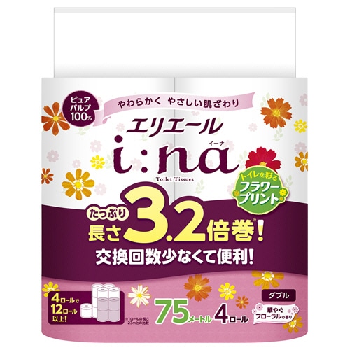大王製紙 エリエール i:na(イーナ)トイレットティシュー 3.2倍巻 フラワープリント ダブル 芯あり 75m 1パック(4ロール)