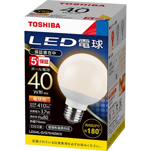 東芝ライテック LED電球 ボール電球形 E26口金 3.7W 電球色 LDG4L-G/G70/40W/2 1個