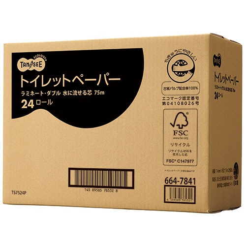 TANOSEE トイレットペーパー 水に流せる芯 ダブル 75m 1ケース(24ロール:6ロール×4パック)