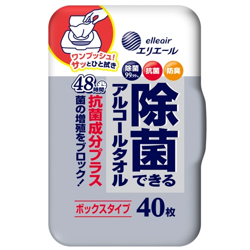 大王製紙 エリエール 除菌できるアルコールタオル 抗菌成分プラス ボックス本体 1個(40枚)
