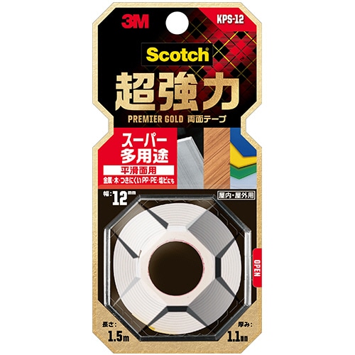 3M スコッチ 超強力両面テープ プレミアゴールド (スーパー多用途) 12mm×1.5m KPS-12 1巻