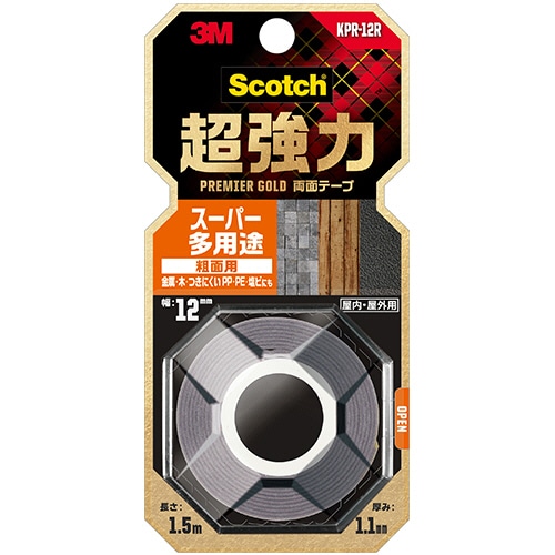 3M スコッチ 超強力両面テープ プレミアゴールド (スーパー多用途) 粗面用 12mm×1.5m KPR-12R 1巻