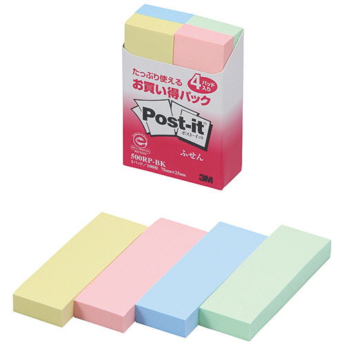 ３Ｍ　ポスト・イット　お買い得パック　ふせん　再生紙　７５×２５ｍｍ　４色　５００ＲＰ－ＢＫ　１セット（４０冊：４冊×１０パック）