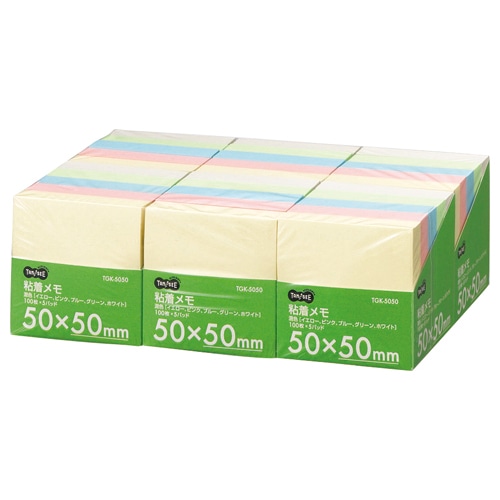 TANOSEE 粘着メモ<ボリュームパック> 50×50mm 5色 1セット(30冊:5冊×6パック)